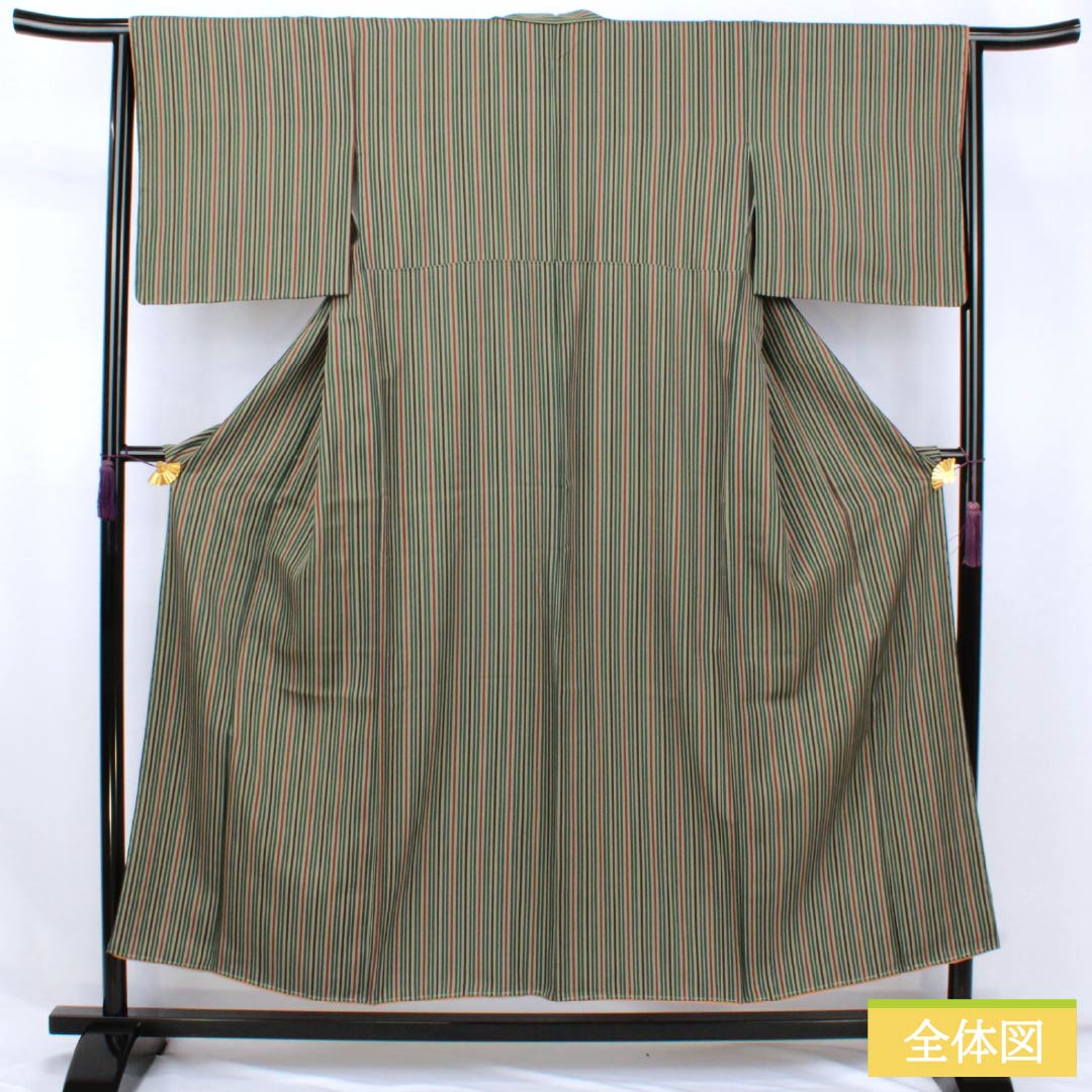 小紋 正絹 Sランク 身丈152cm 裄丈64.5cm 袷 利休鼠色(りきゅうねずみいろ) 縞 しつけ糸付き 緑系 1115007682219