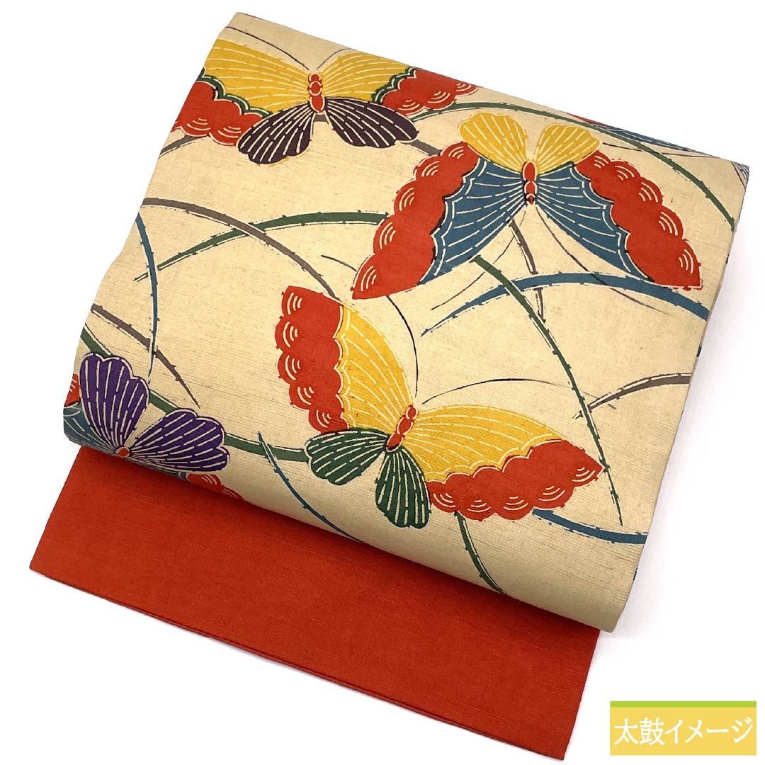 名古屋帯 正絹 Sランク 鳥の子色(とりのこいろ) 型染 露芝 蝶 帯丈365cm 六通 カジュアル ベージュ系 1124009322325 名古屋仕立て