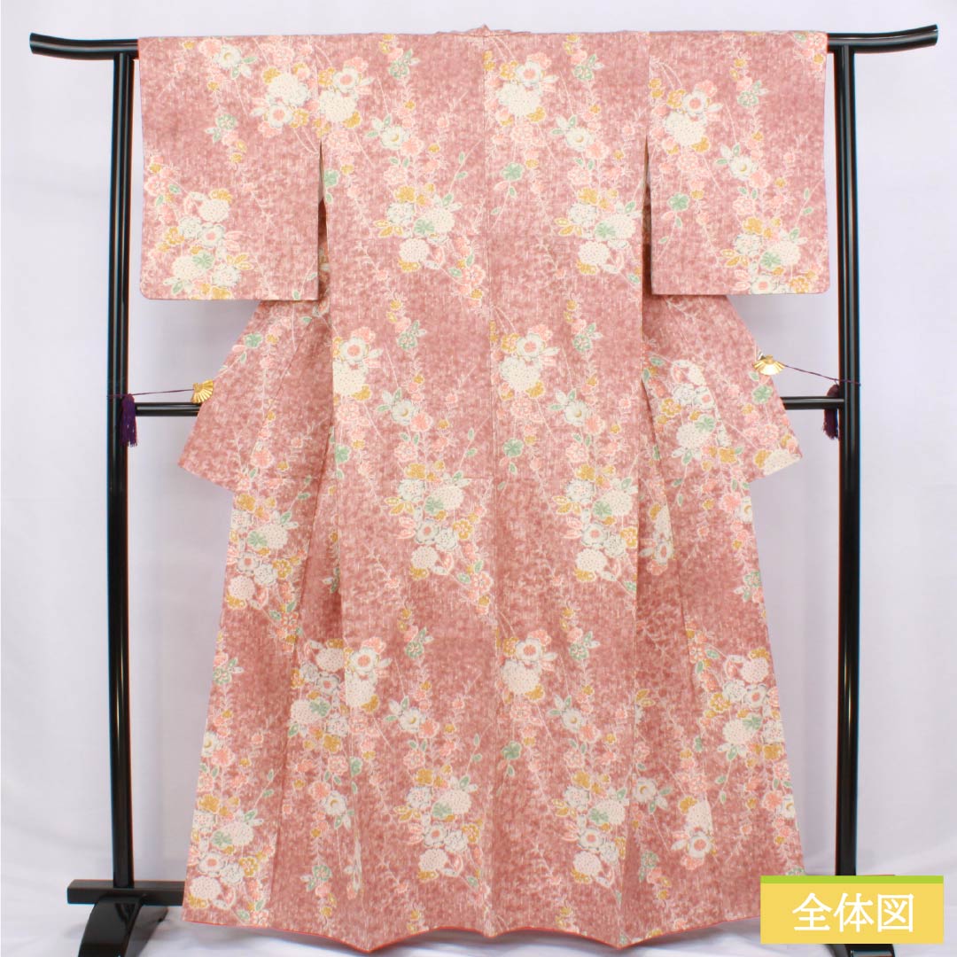 小紋 正絹 身丈162.5cm 裄丈62cm 袷 浅蘇芳色(あさきすおういろ) 紬地 辻ヶ花 Aランク ピンク系 1115006233413