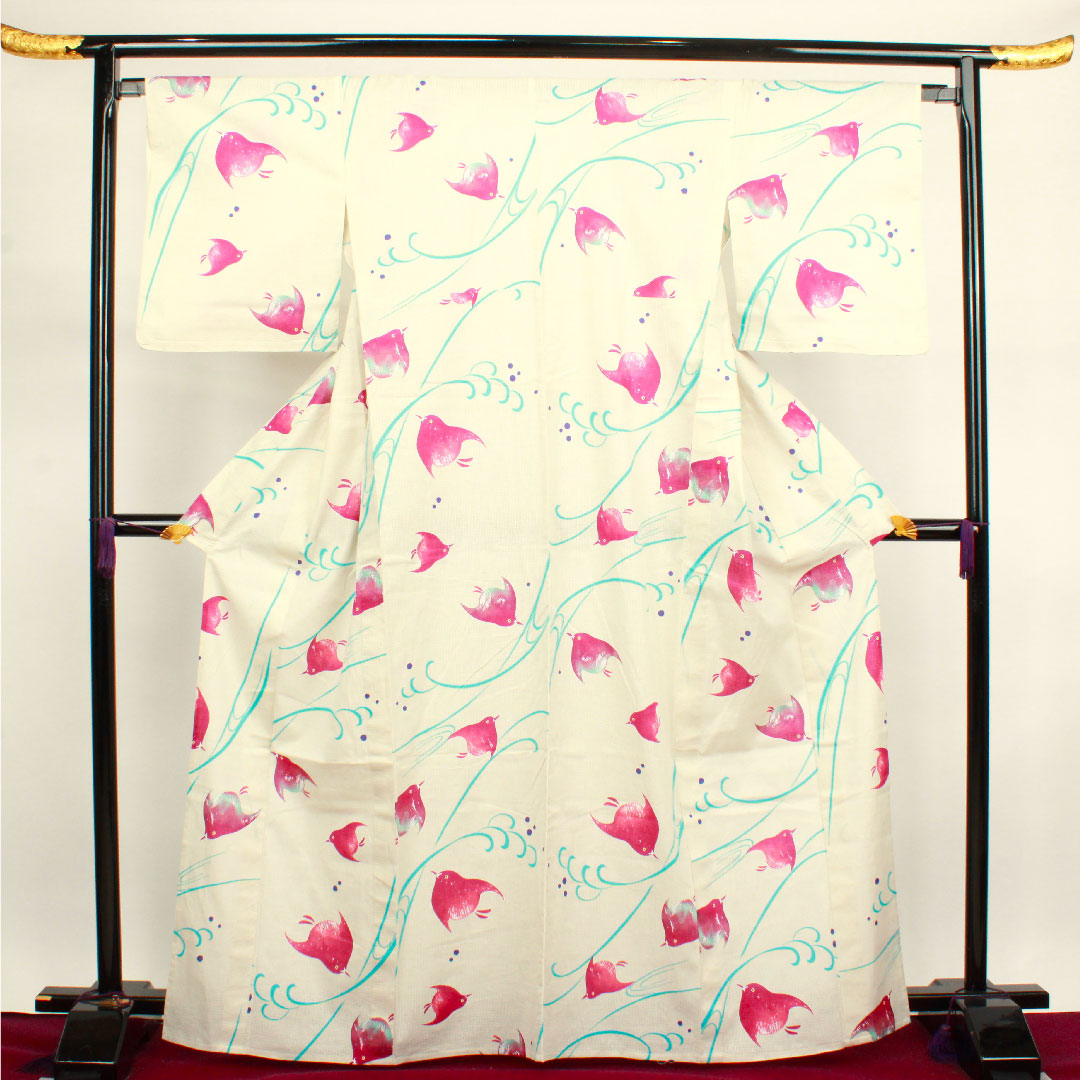 浴衣 乳白色 千鳥 木綿 Sランク 単衣 身丈166.5cm 裄丈66.5cm クリーム系 1118001912515