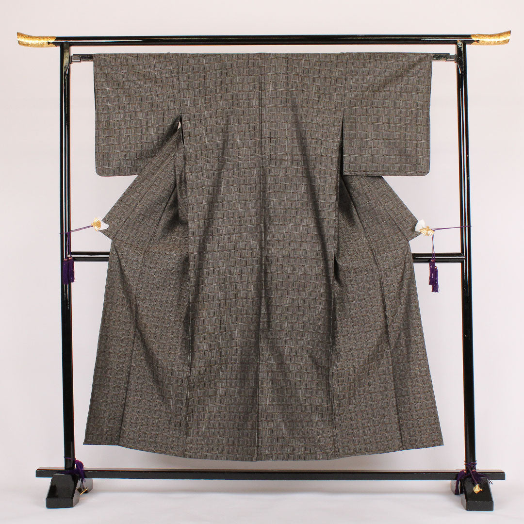 ウール 身丈154.4cm 裄丈63cm 格子柄 ウール Aランク 単衣 黒系 1116000383210