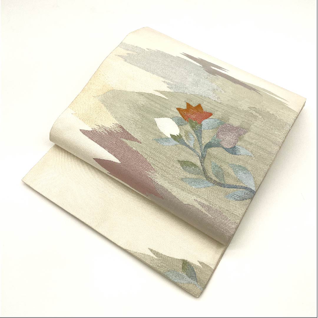 袋帯 胡粉色(ごふんいろ) 抽象模様 すくい技法 帯丈442cm 正絹 Sランク ポイント柄 カジュアル 白系 1123003002311