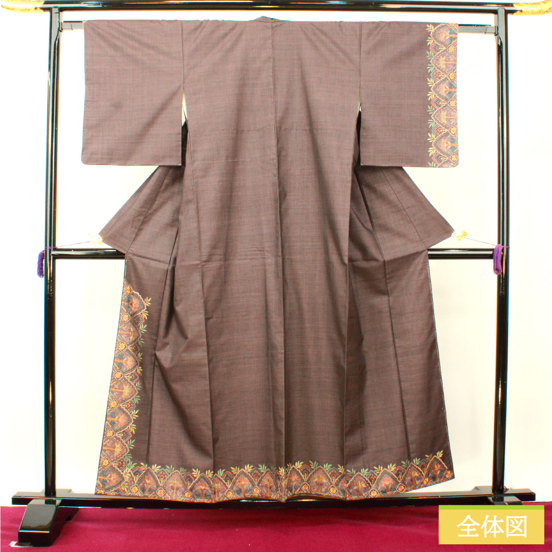 訪問着 正絹 袷 身丈157cm 裄丈62cm 深滅紫色(ふかきけしむらさきいろ) 大島紬 蘇州刺繡 抽象模様 しつけ糸付き Sランク 紫系 1112004592320