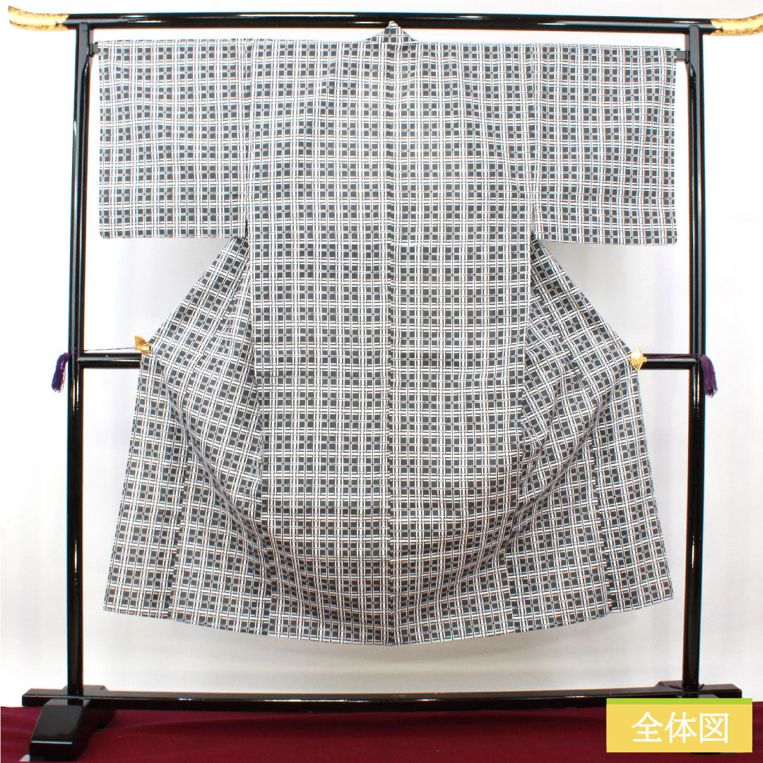 浴衣 木綿 身丈148cm 裄丈71cm Sランク 単衣 グレー系 墨色(すみいろ) 男物 格子 1118005102422