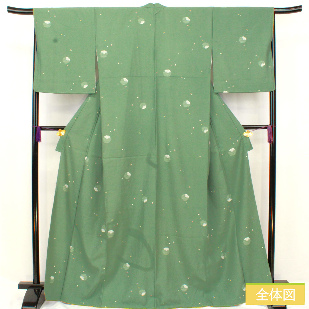 小紋 ポリエステル 身丈166.5cm 裄丈67cm 袷 千種色(ちぐさいろ) 洗える着物 雪輪 花びら散らし しつけ糸付き Sランク 緑系 1115004832519
