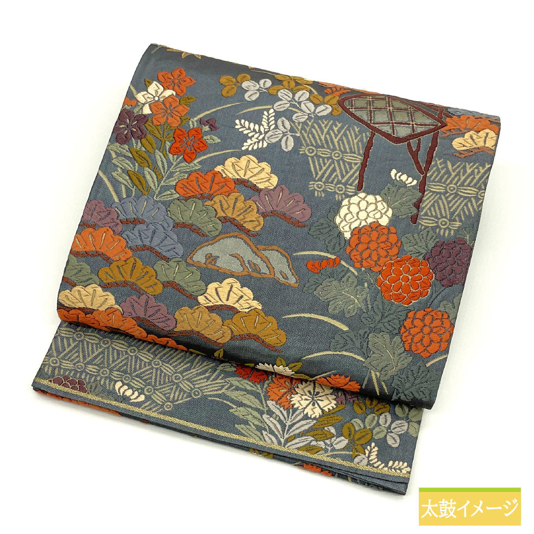 袋帯 正絹 Aランク 鉛色(なまりいろ) 西陣織 唐織 茶屋辻模様 帯丈426cm 六通 フォーマル グレー系 1123016933322