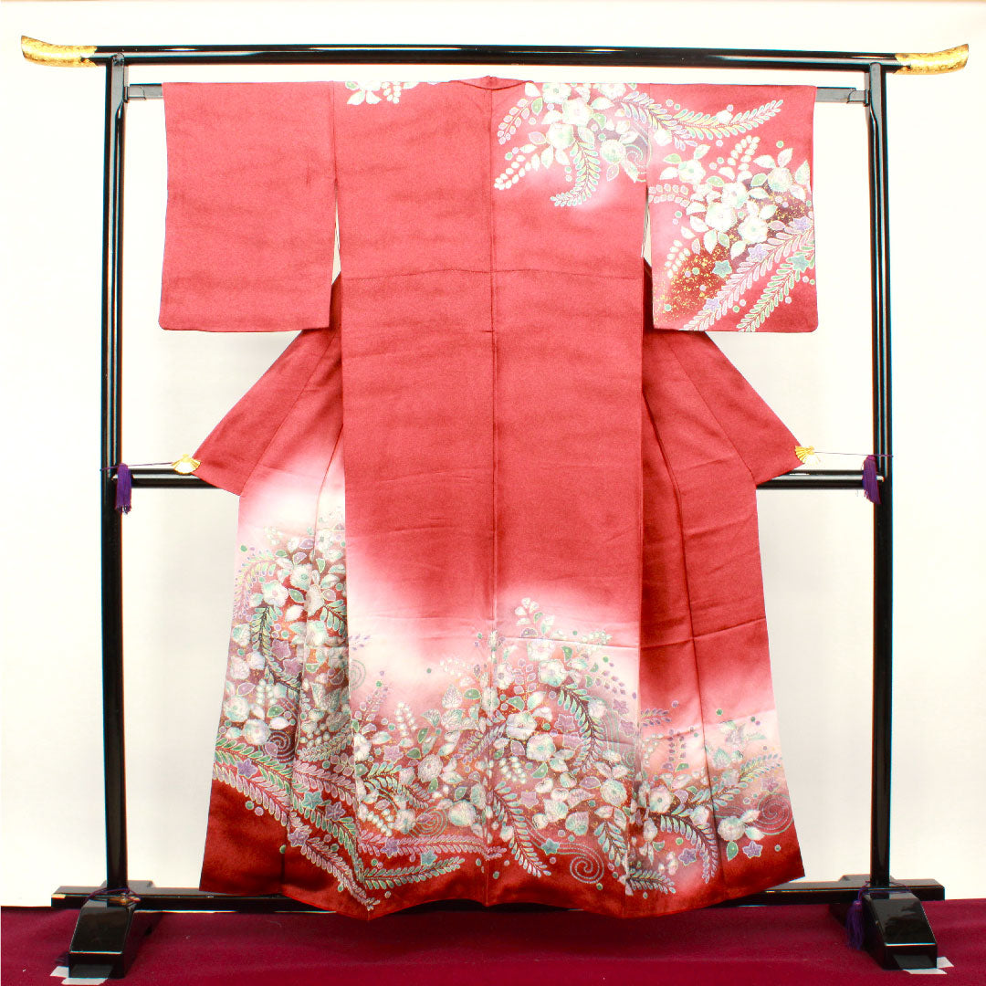 訪問着 袷 身丈157cm 裄丈62cm 紅樺色 京友禅 辻ヶ花 正絹 Sランク 赤系 1112002262312