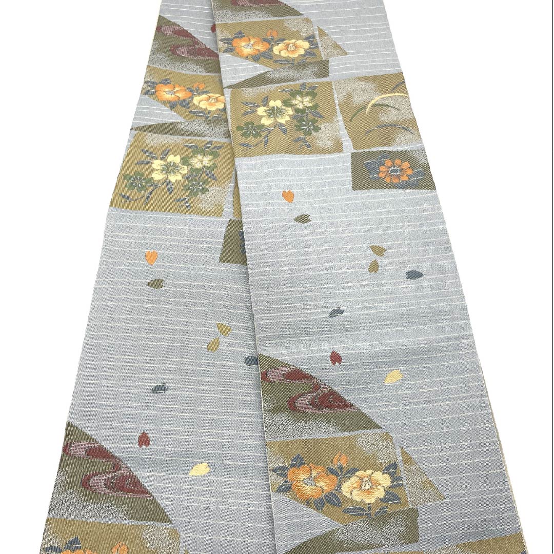 半幅帯 ポリエステル 帯丈440cm 水銀色(すいぎんいろ) 古典柄 花柄 長尺 グレー系 Sランク 1125001522422