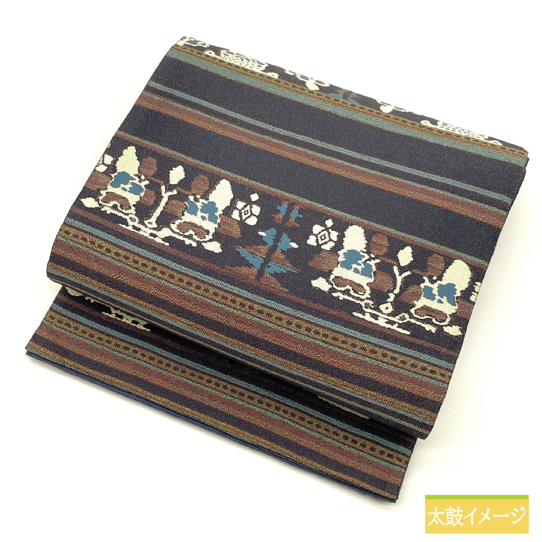 袋帯 正絹 Sランク 藍鼠色(あいねずいろ) 西陣織 抽象模様 帯丈456cm 六通 カジュアル グレー系 1123016532422