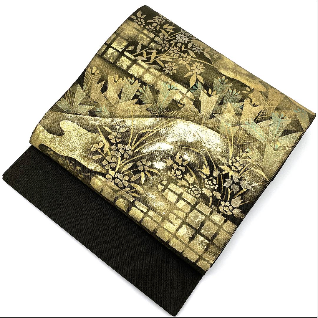 名古屋帯 黒橡色 花模様 作家物 帯丈366cm 正絹 Aランク ポイント柄 セミフォーマル 緑系 1124003813319 開き仕立て