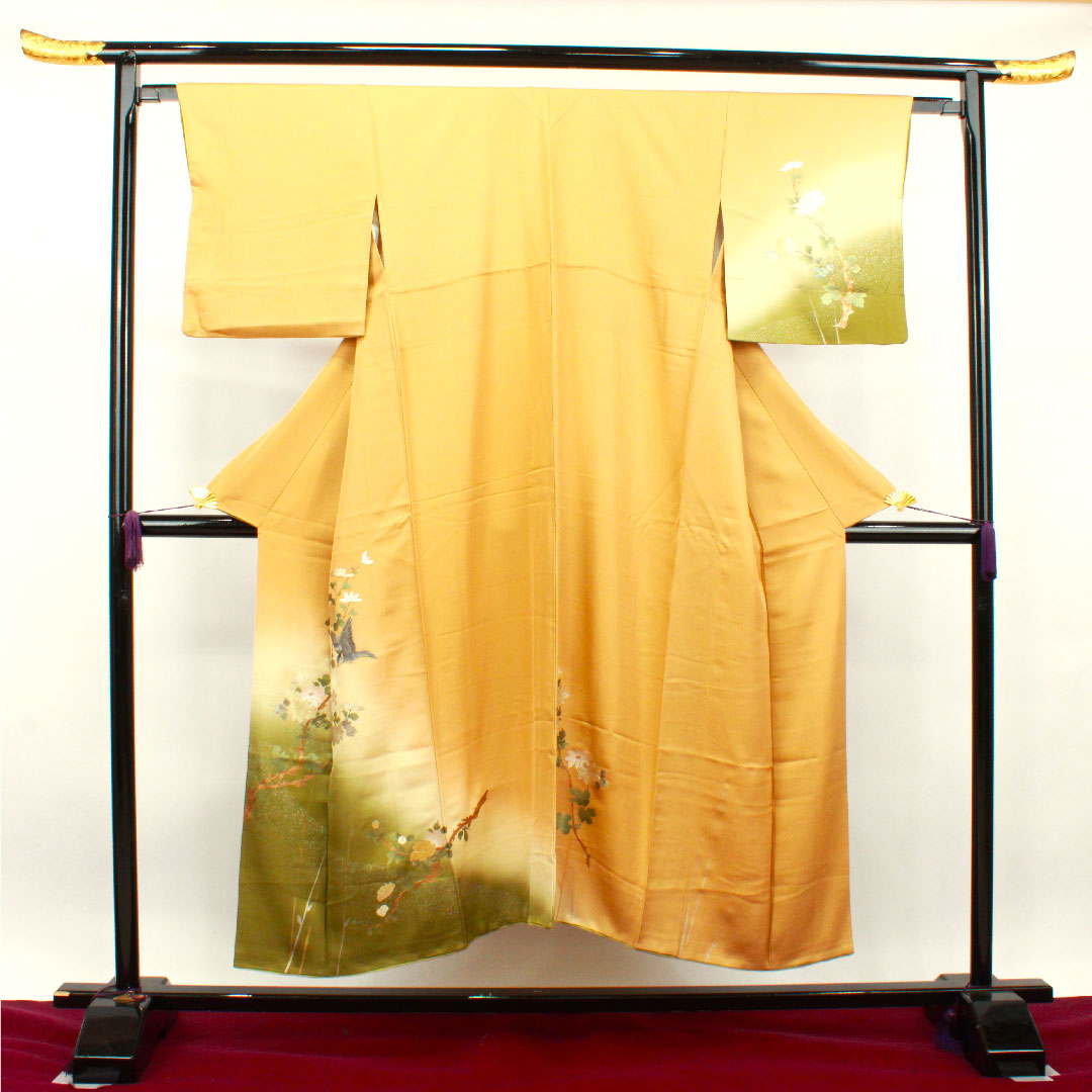 Homongi, pure silk, lined, length 147cm, sleeve length 63cm, light tangerine color, gold leaf finish, floral pattern, S rank, yellow, 1112003092123