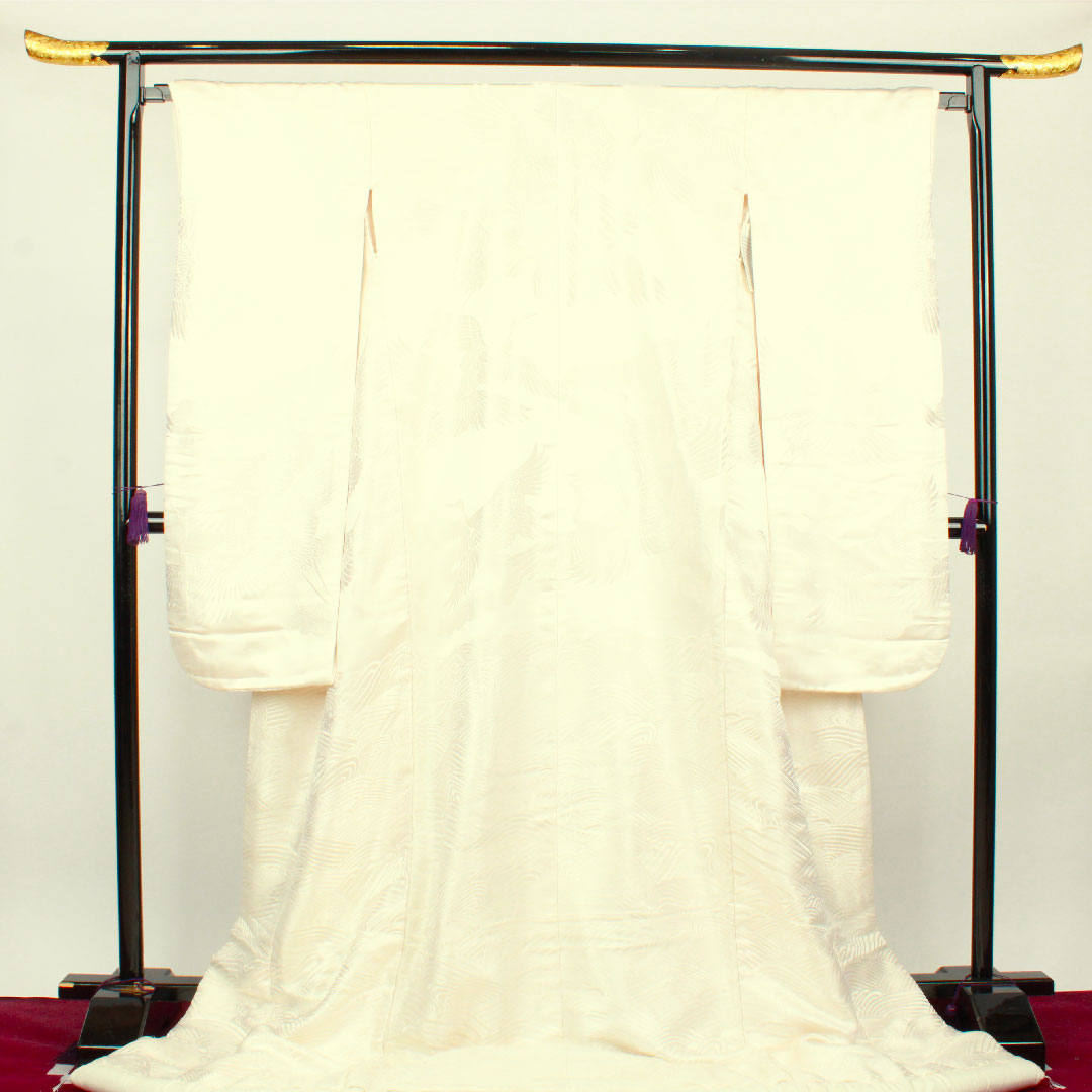 白無垢 身丈190cm 唐織 波 千羽鶴 正絹 Sランク 袷 白系 1110000442911