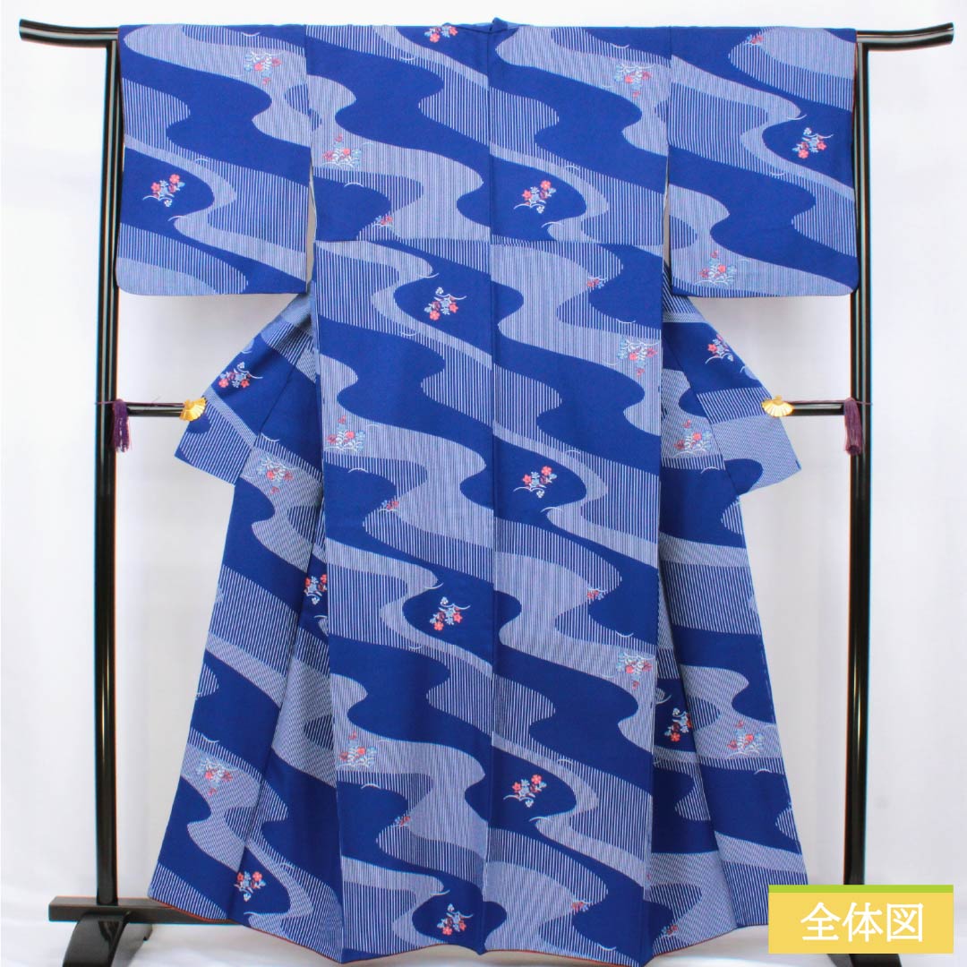 小紋 ポリエステル Sランク 身丈162cm 裄丈65.5cm 袷 瑠璃色(るりいろ) 流水 花 洗える着物 青系 1115007512417