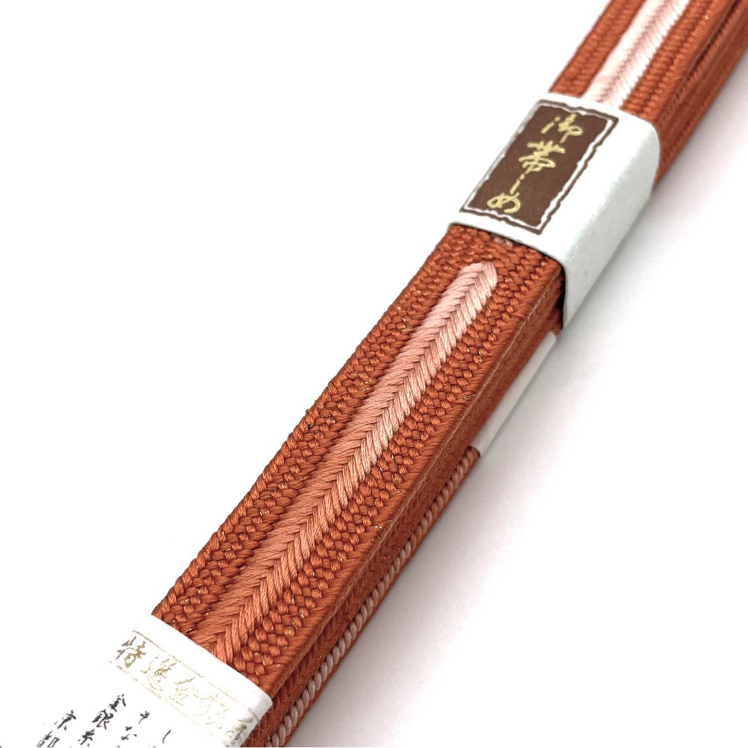 (New old stock) Obijime (belt sash) made of pure silk, quarter-length cord, red-gold color, made with specially selected gold and silver threads, new old stock, length approx. 162cm, width approx. 1.5cm, semi-formal, rank S, orange, 1135002342326