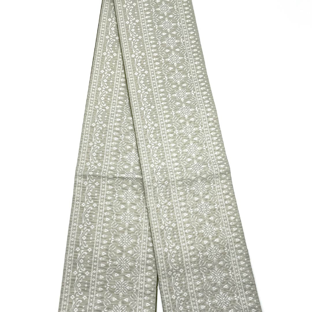 (新品)半幅帯 ポリエステル NEWランク 絹鼠色(きぬねずいろ) 梅幸茶色(ばいこうちゃいろ) 抽象花模様 リバーシブル 帯丈400cm 緑系 1125002781419
