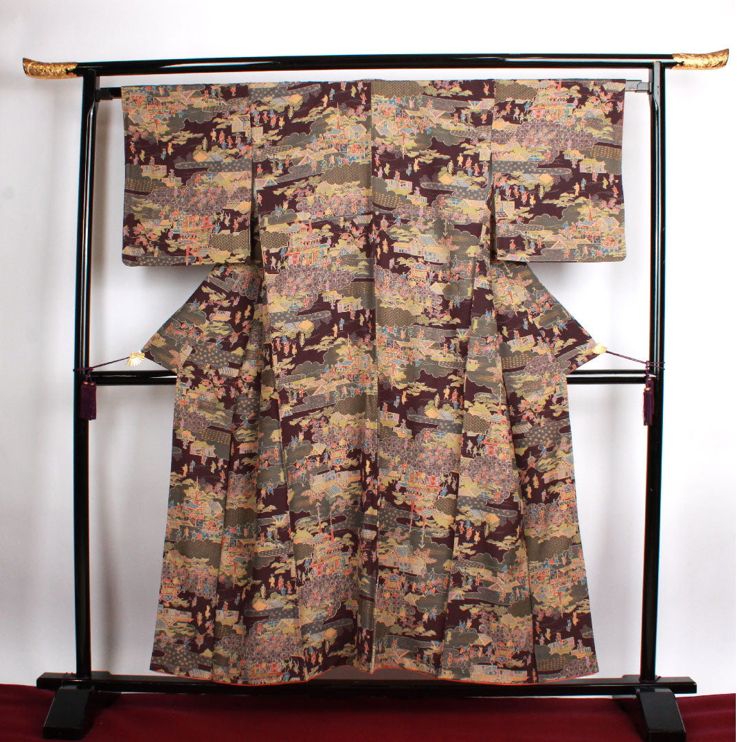 小紋 身丈153.5cm 裄丈65cm 袷 紫烏色 時代人物風景模様 正絹 Sランク 紫系 1115002322220