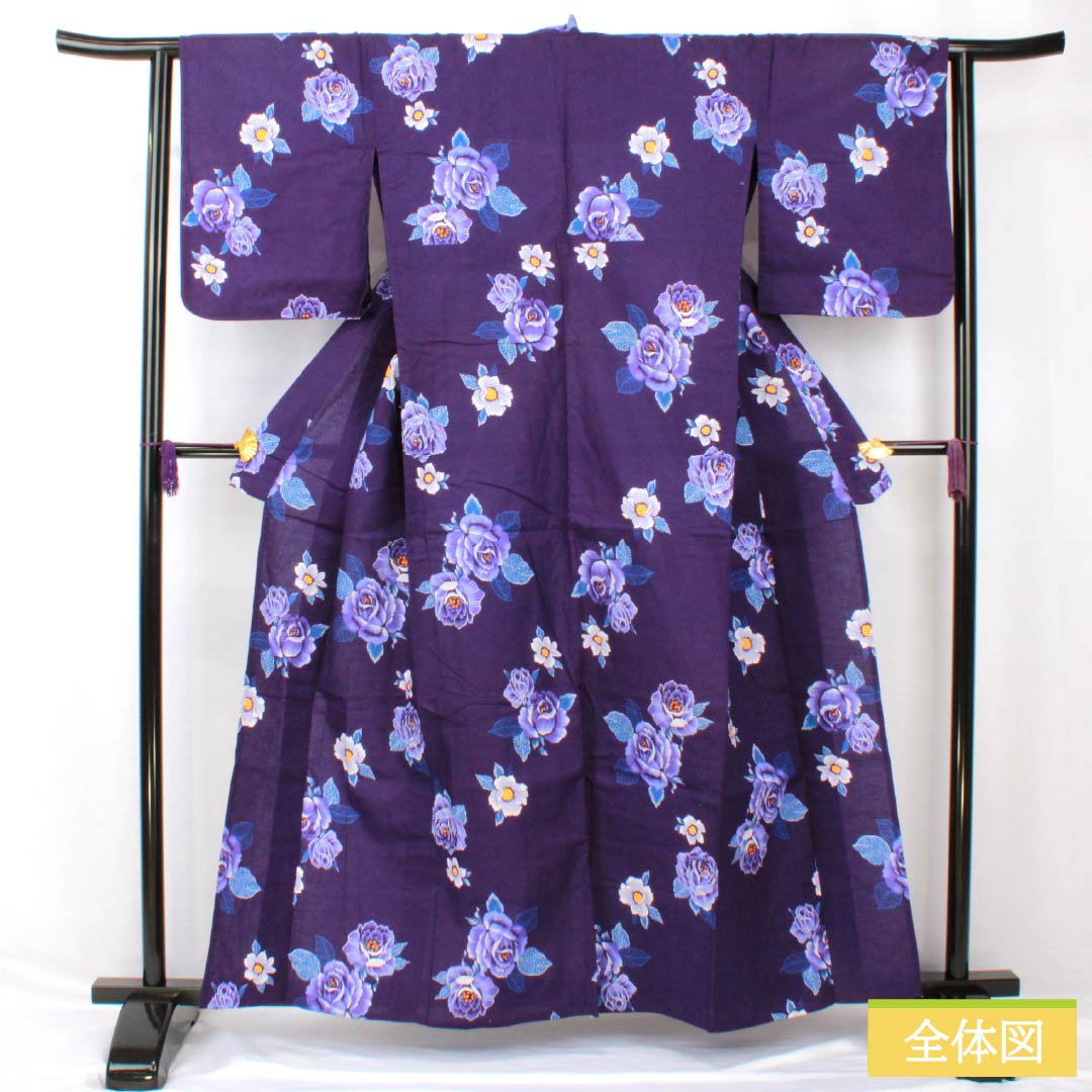 浴衣 木綿 身丈160.5cm 裄丈62cm Sランク 単衣 紫系 紫紺色(しこんいろ) 薔薇 1118005342420