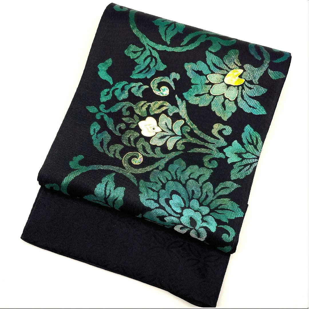 (未仕立)袋帯 黒色 花唐草 藤本隆士 螺鈿作家 帯丈466cm 正絹 NEWランク 六通 フォーマル 黒系 1123009051410