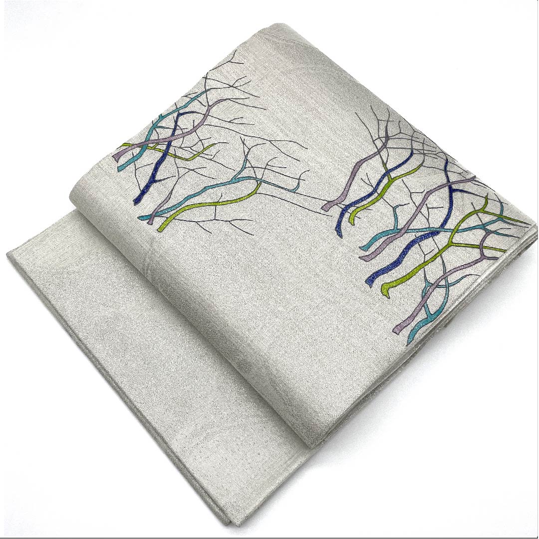 袋帯 薄鼠色(うすねずいろ) 抽象模様 染織作家 斉藤上太郎 帯丈458cm 正絹 Sランク ポイント柄 カジュアル グレー系 1123006832422