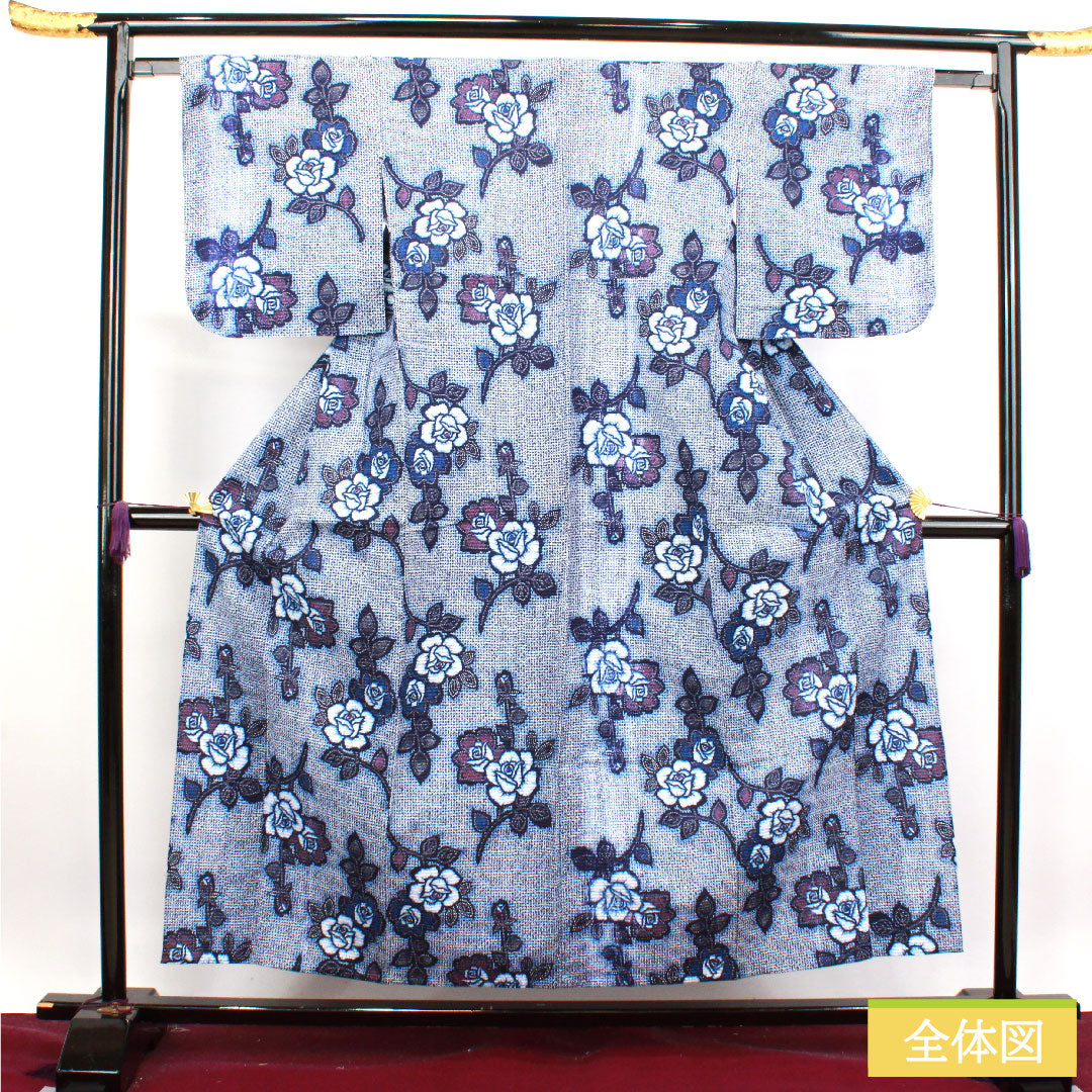 浴衣 木綿 身丈155cm 裄丈63cm Aランク 単衣 紺系 濃紺色(のうこんいろ) リップル 薔薇 1118004582318