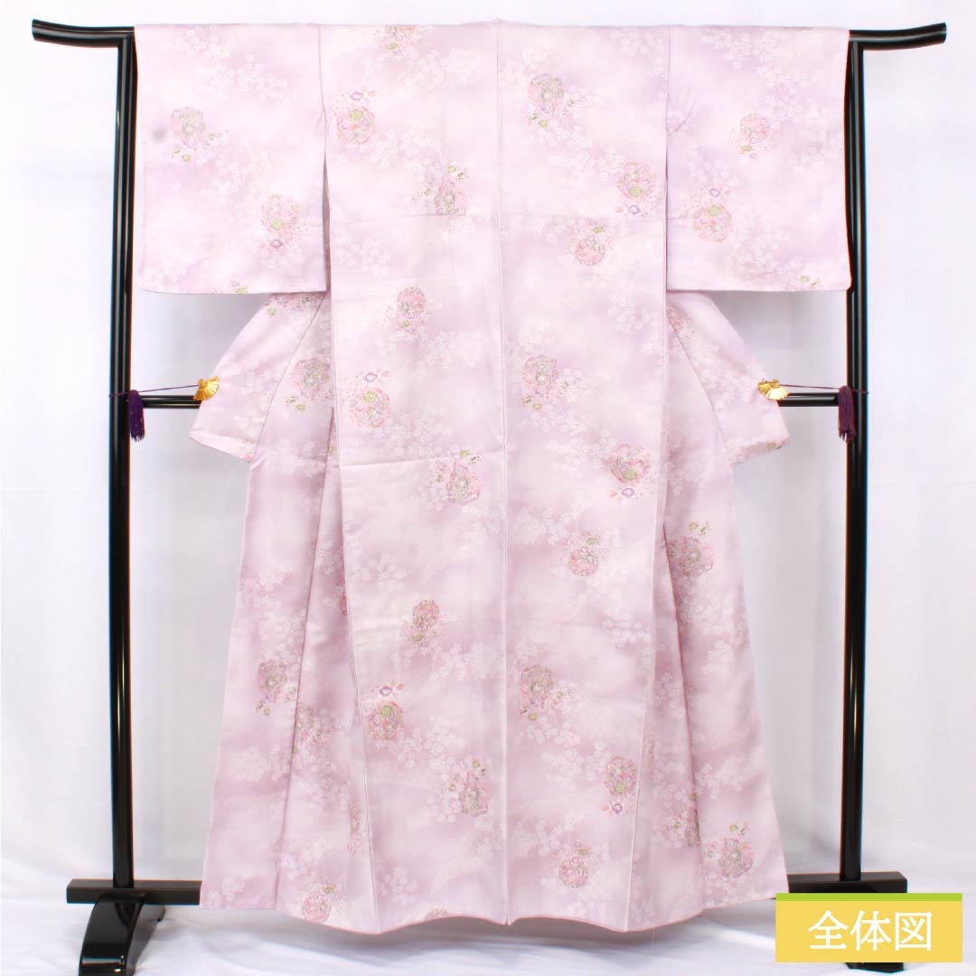 小紋 ポリエステル 身丈158.5cm 裄丈64cm 袷 白藤色(しらふじいろ) 洗える着物 小花 鏡 しつけ糸付き Aランク 紫系 1115005173320