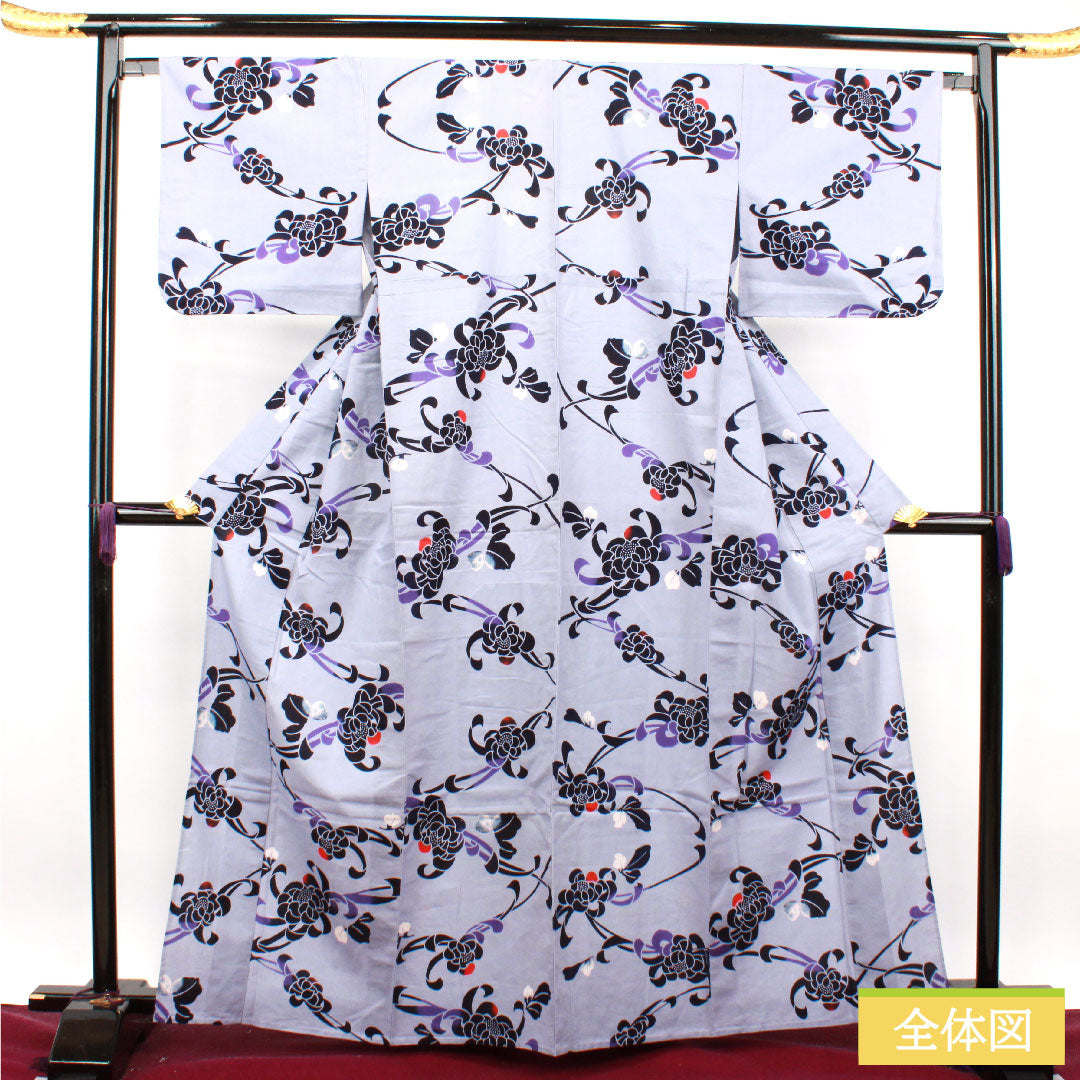 浴衣 木綿 身丈164cm 裄丈65.5cm Aランク 単衣 グレー系 白菫色(しろすみれいろ) 菊 1118004873422