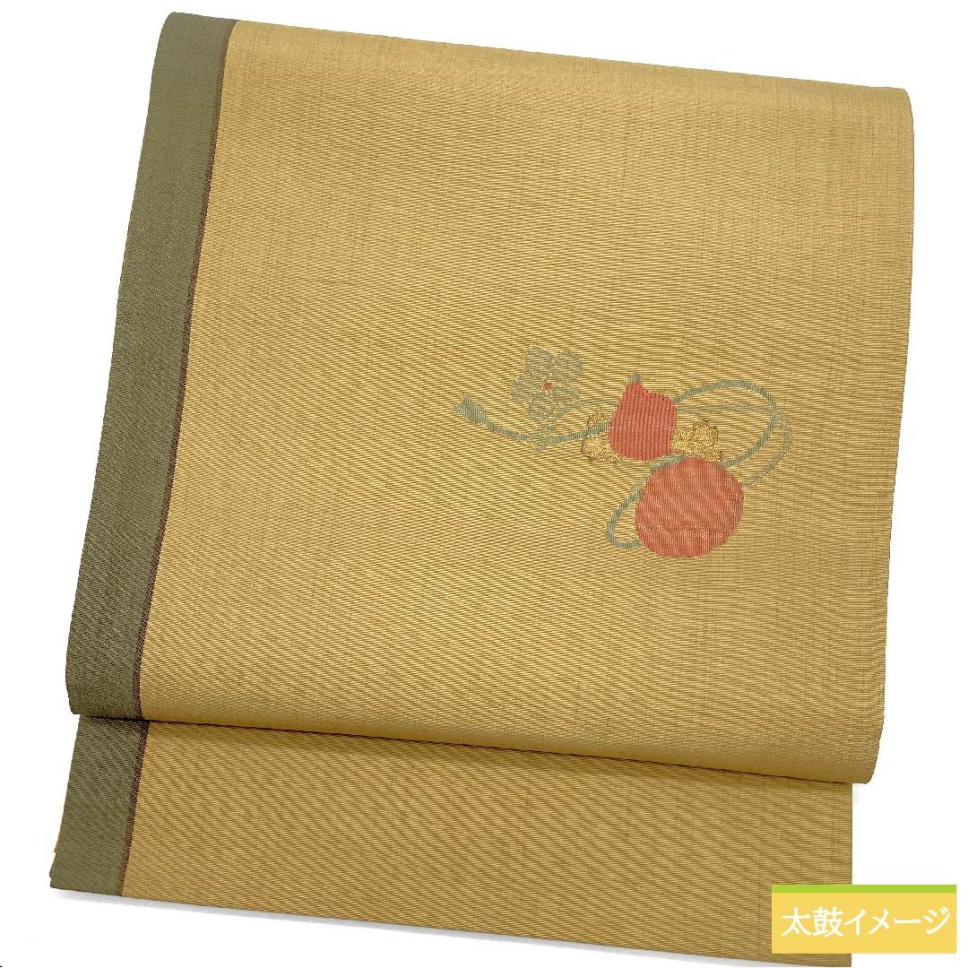 袋帯 山吹鼠色(やまぶきねずいろ) 瓢箪 梅 紬地 帯丈444cm 正絹 Aランク ポイント柄 カジュアル ベージュ系 1123011113325