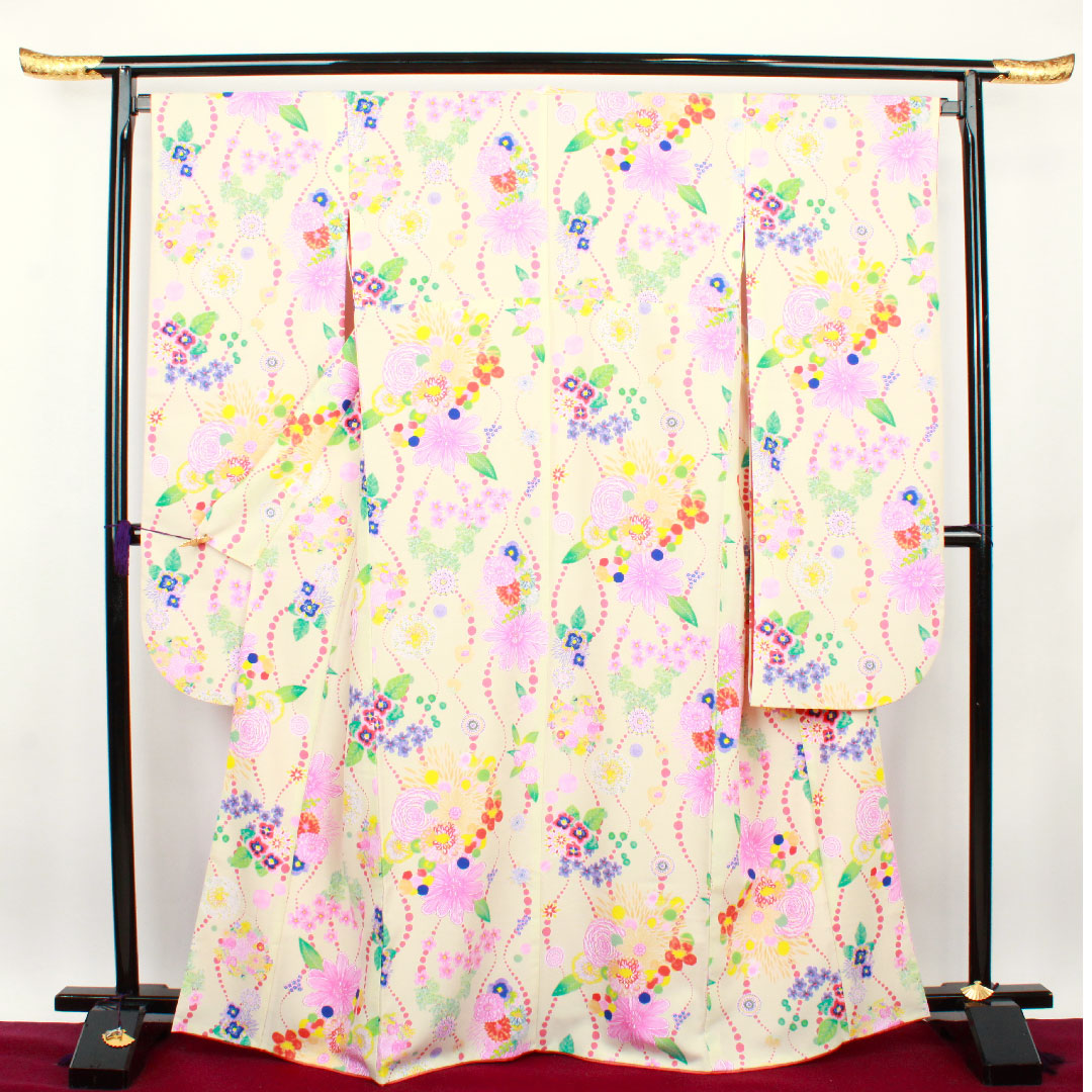 振袖 身丈166cm 裄丈68cm 袷 象牙色 洗える着物 花模様 ポリ Sランク クリーム系 1113001032515