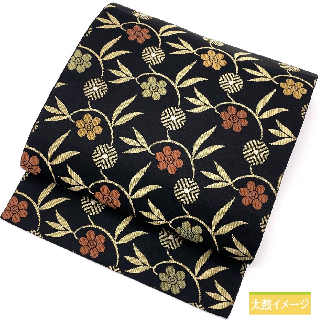 名古屋帯 唐花 帯丈366cm 正絹 Sランク 六通 セミフォーマル 黒系 1124008482310 名古屋仕立て