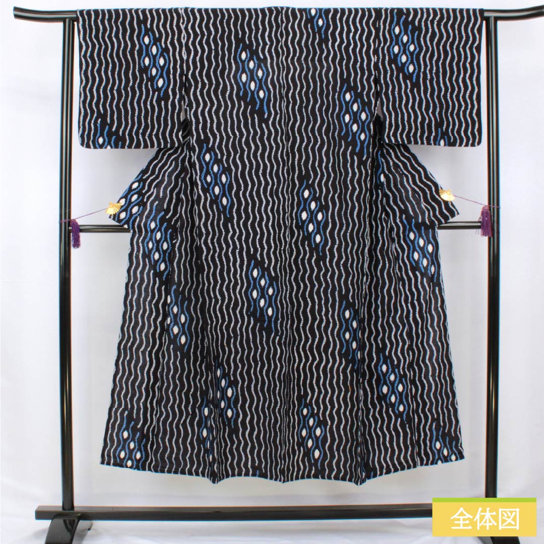 浴衣 木綿 身丈146cm 裄丈63.5cm Bランク 単衣 紺系 濃紺色(のうこんいろ) 有松絞り 抽象模様 居敷当て 1118006784118