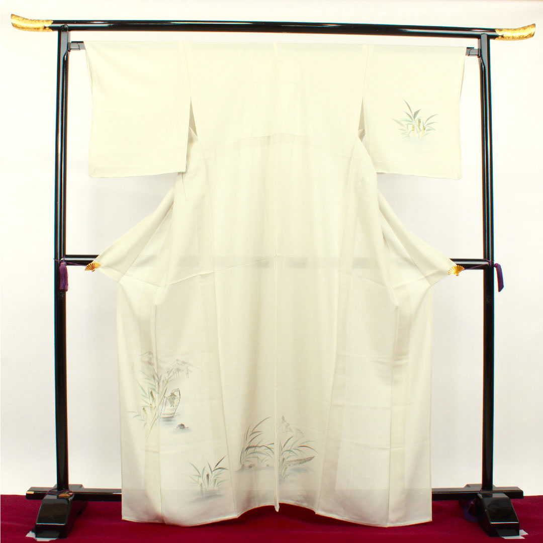 夏物 正絹 訪問着 身丈164.5cm 裄丈65.5cm 卯の花色(うのはないろ) 風景模様 しつけ糸付き 未使用品 絽 Sランク グレー系 1132001562422