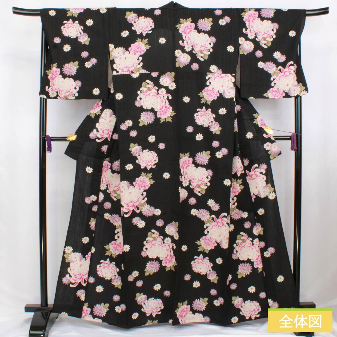 浴衣 木綿 身丈164cm 裄丈69.5cm Sランク 単衣 黒系 菊 1118006282410