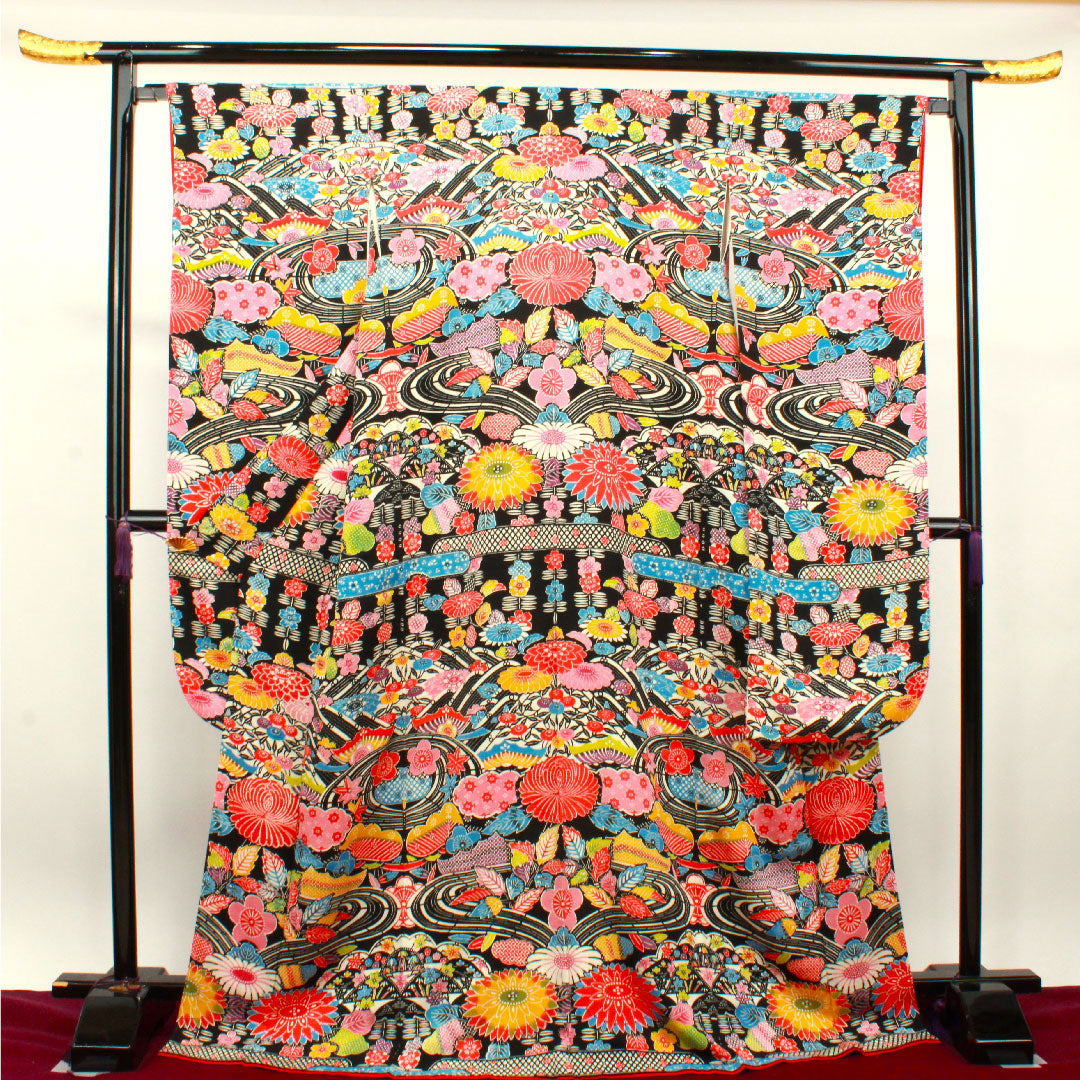 振袖 身丈172cm 裄丈66cm 袷 京紅型 吉祥文様 正絹 Sランク 黒系 1113001682610
