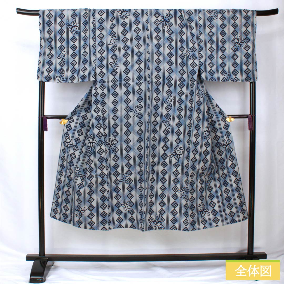 浴衣 木綿 身丈139cm 裄丈72.5cm Aランク 単衣 グレー系 錫色(すずいろ) 隈取 三升格子 男物 1118005903122