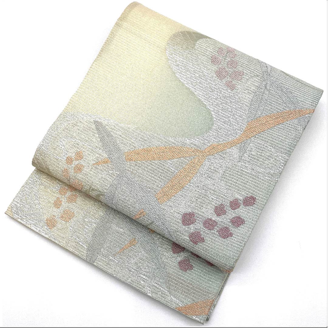 袋帯 薄水色(うすみずいろ) 夏帯 生成り色 花模様 流水 帯丈440cm 正絹 Aランク 六通 フォーマル 青系 1123007303317