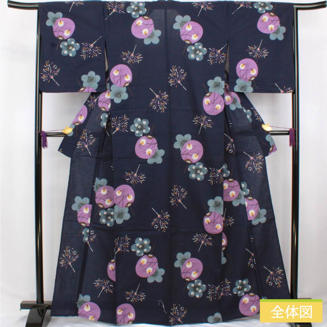 浴衣 木綿 身丈165cm 裄丈65.5cm Sランク 単衣 紺系 濃紺色(のうこんいろ) うちわ 花火 1118006652518