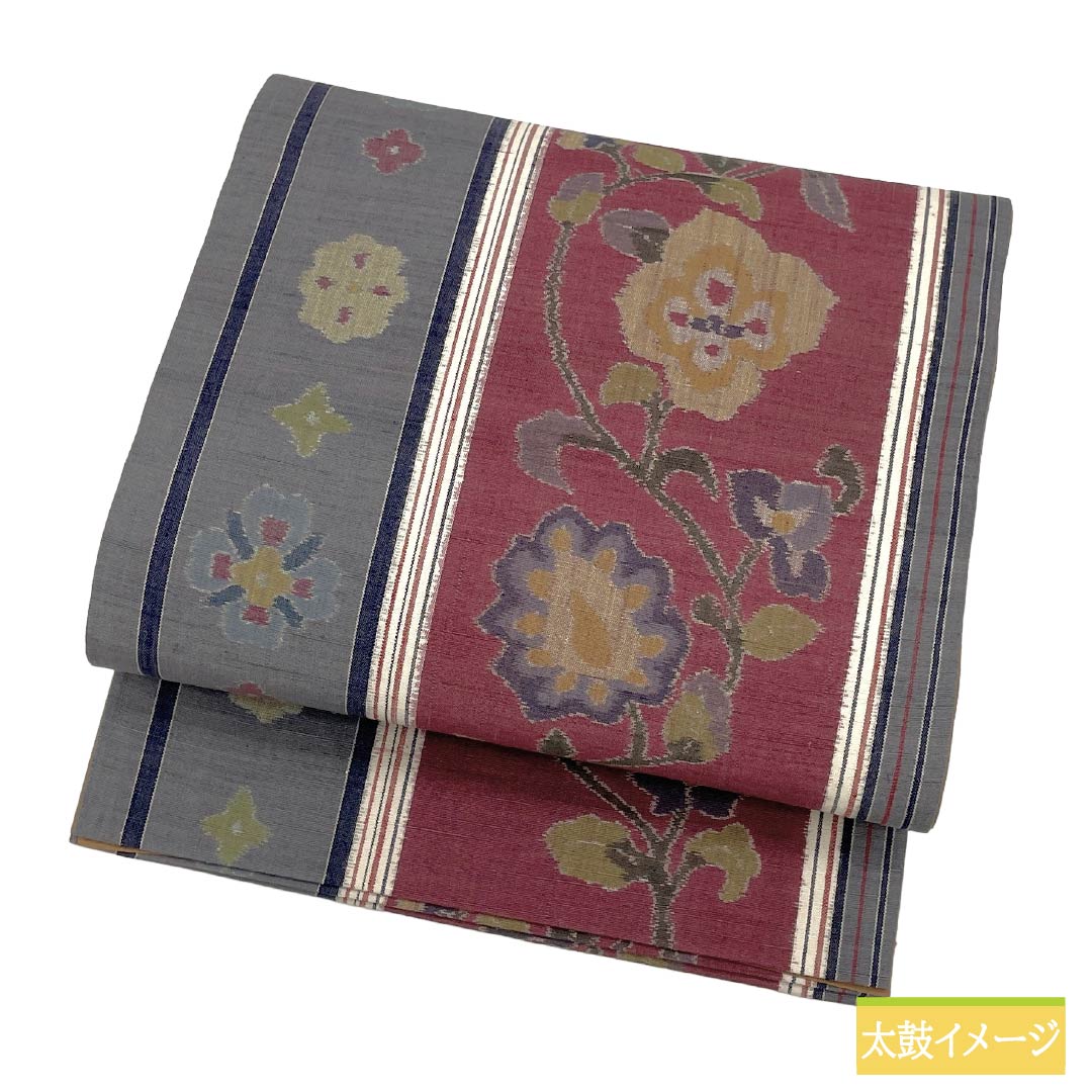 袋帯 正絹 Sランク 薄鈍色(にびいろ) 紅鶸色(べにひわいろ) 更紗 紬地 帯丈436cm 全通 カジュアル マルチカラー 1123018742328