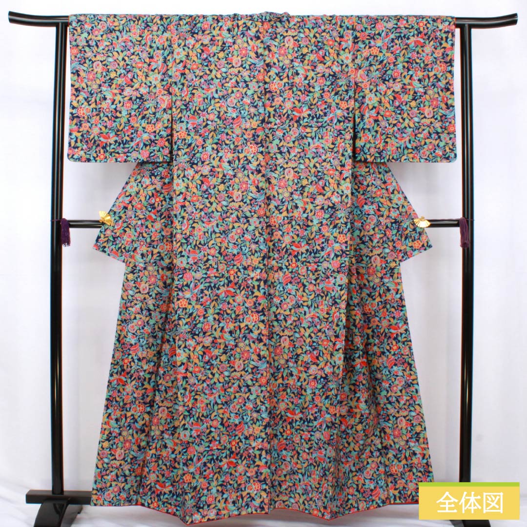 小紋 正絹 Sランク 身丈159cm 裄丈63cm 袷 紺色(こんいろ) 紬地 更紗 しつけ糸付き 紺系 1115007542318