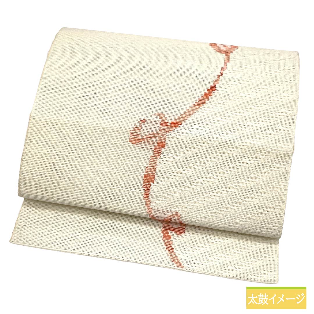 名古屋帯 正絹 Sランク 開き仕立て 乳白色(にゅうはくしょく) 幾何学模様 曲線 夏帯 帯丈366cm 六通 カジュアル 白系 1124013102311