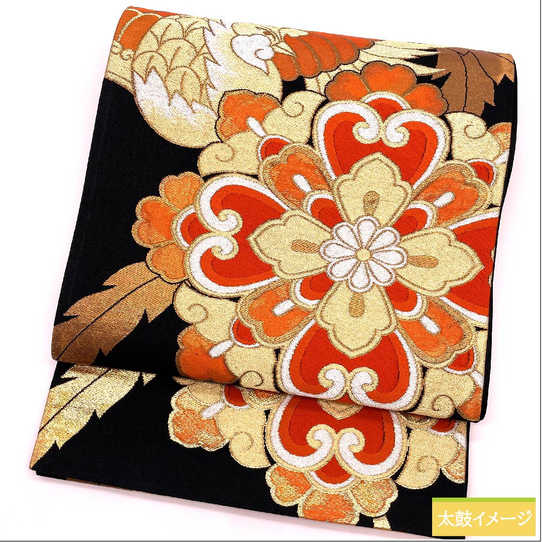 袋帯 黒色 華文 鳳凰 帯丈414cm 正絹 Sランク 六通 フォーマル 黒系 1123010022310