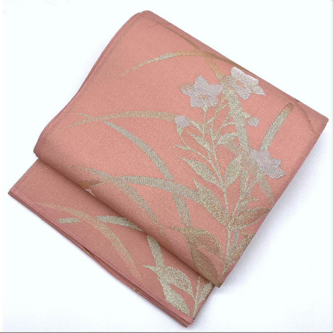 袋帯 薄紅梅色(うすこうばいいろ)夏帯 桔梗 露芝 帯丈424cm 正絹 Sランク 六通 フォーマル ピンク系 1123007272313