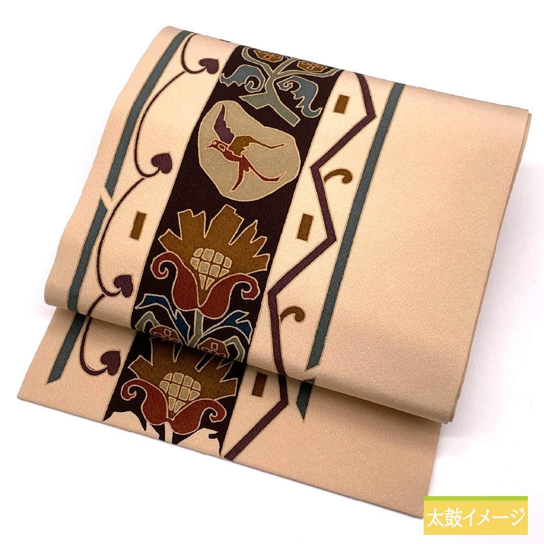 名古屋帯 翁茶色(おきなちゃいろ) 染め帯 鳥 抽象花 帯丈358cm 正絹 Sランク 全通 カジュアル ピンク系 1124008052313 名古屋仕立て