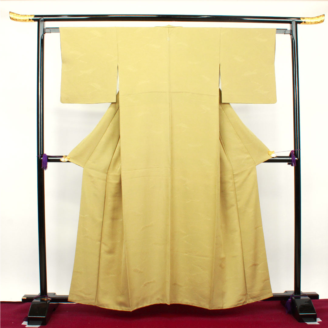 色無地 枯色 波 桔梗 身丈159.5cm 裄丈62cm 袷 正絹 Sランク 黄系 1114000582323