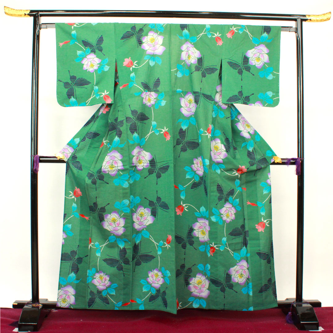 浴衣 萌葱色 薔薇 蝶 木綿 Sランク 単衣 身丈162cm 裄丈64cm 緑系 1118002852419