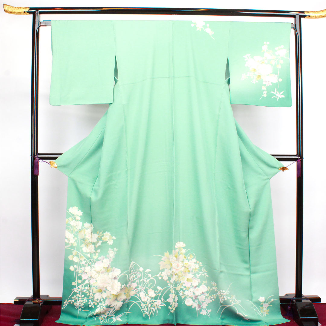 訪問着 袷 身丈173cm 裄丈68cm 秘色色 京友禅 草花模様 正絹 Sランク 緑系 1112002722619