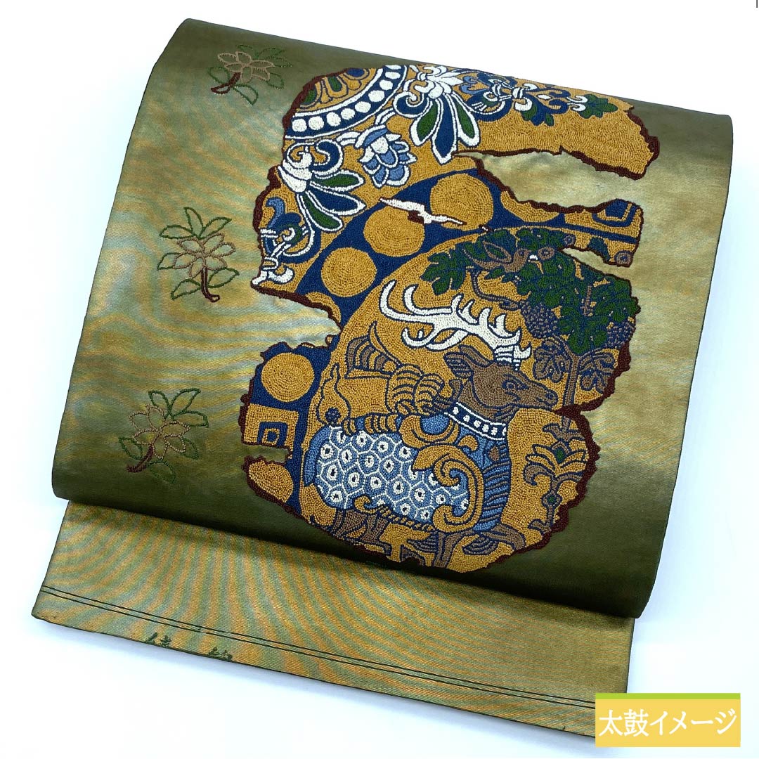 リサイクル着物】袋帯 正絹 島松鼠色（しままつねずいろ） 相良刺繡