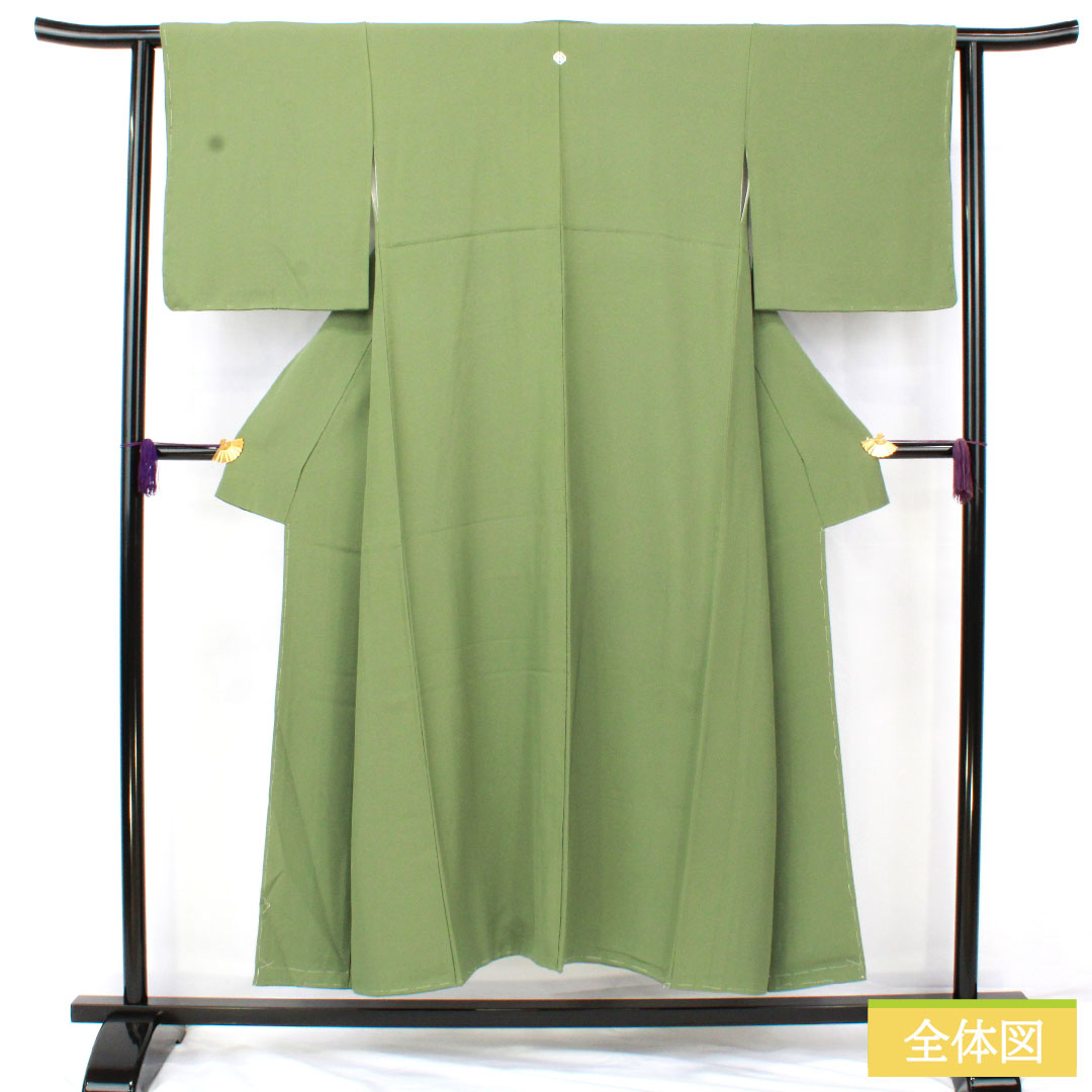 色無地 正絹 身丈150cm 裄丈63cm 仏手柑色(ぶしゅかんいろ) 素無地 一つ紋 隅切り角に片喰 袷 Sランク 緑系 1114001802119