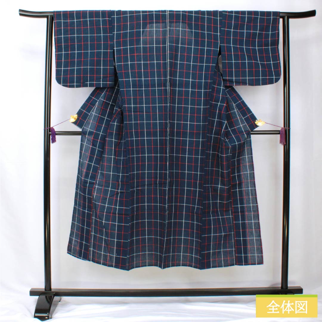 浴衣 木綿 身丈142cm 裄丈63cm Bランク 単衣 紺系 しじら織 紅白格子 1118005834118