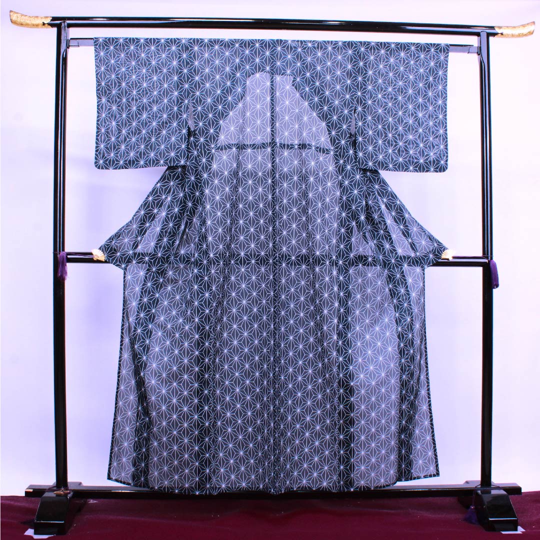 Summer polyester komon length 157.5cm sleeve length 61.5cm blue ink color hemp leaf silk S rank navy blue 1132000252318