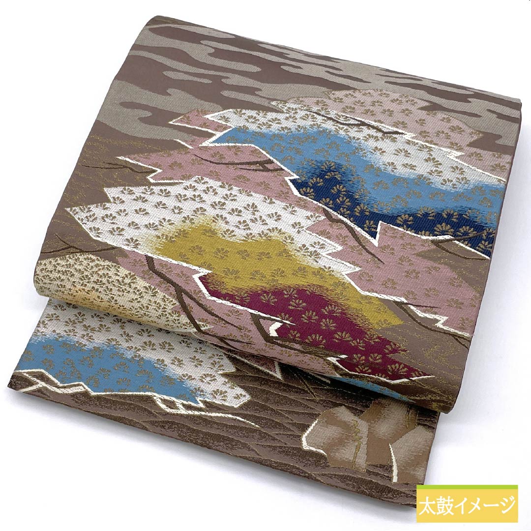 袋帯 正絹 暁鼠色(あかつきねずいろ) 白綾苑大庭 松 石庭 帯丈434cm Sランク 六通 フォーマル グラデーション系 1123013312399